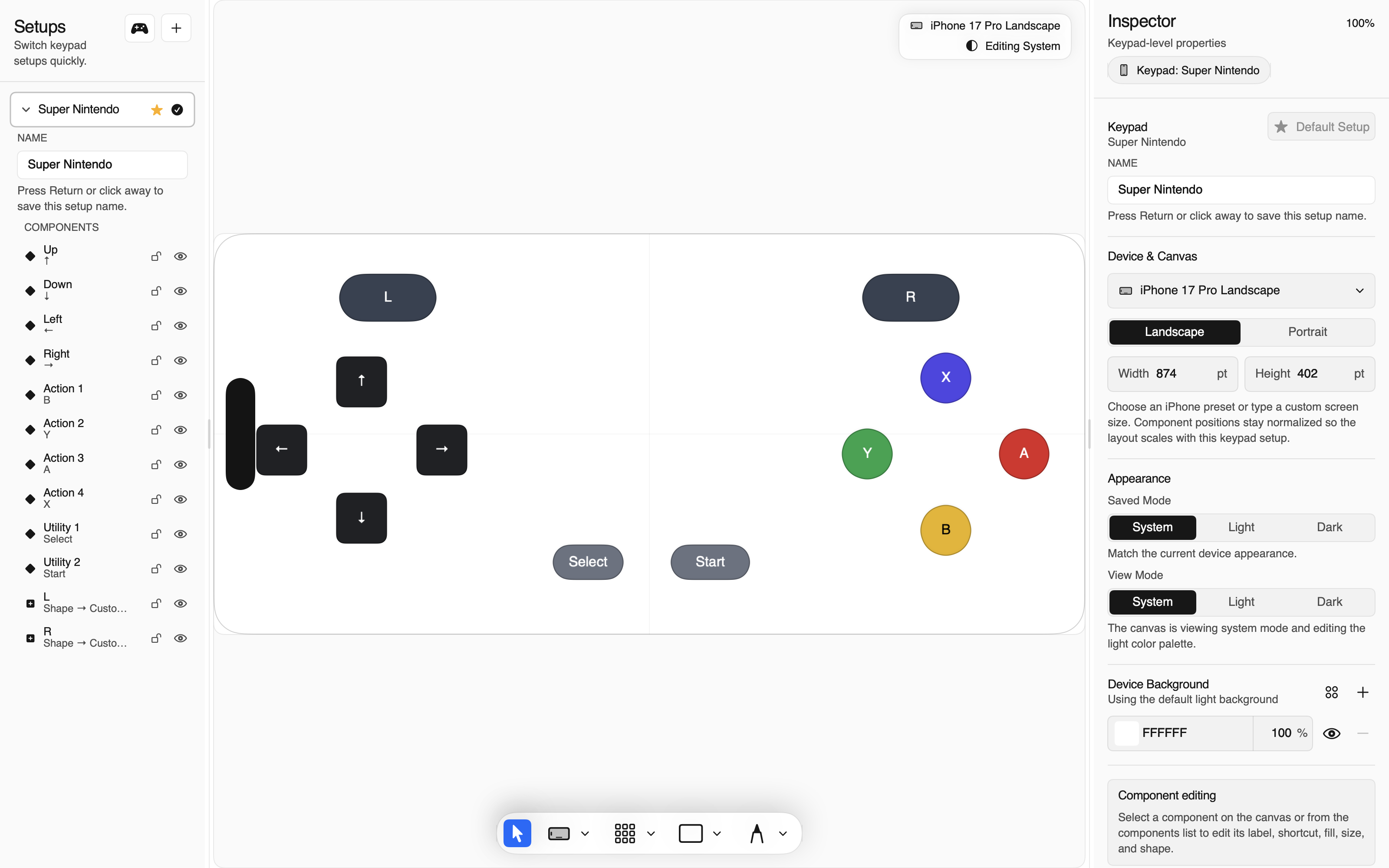 Thumble Mac keypad editor with a canvas, setup list, and inspector controls